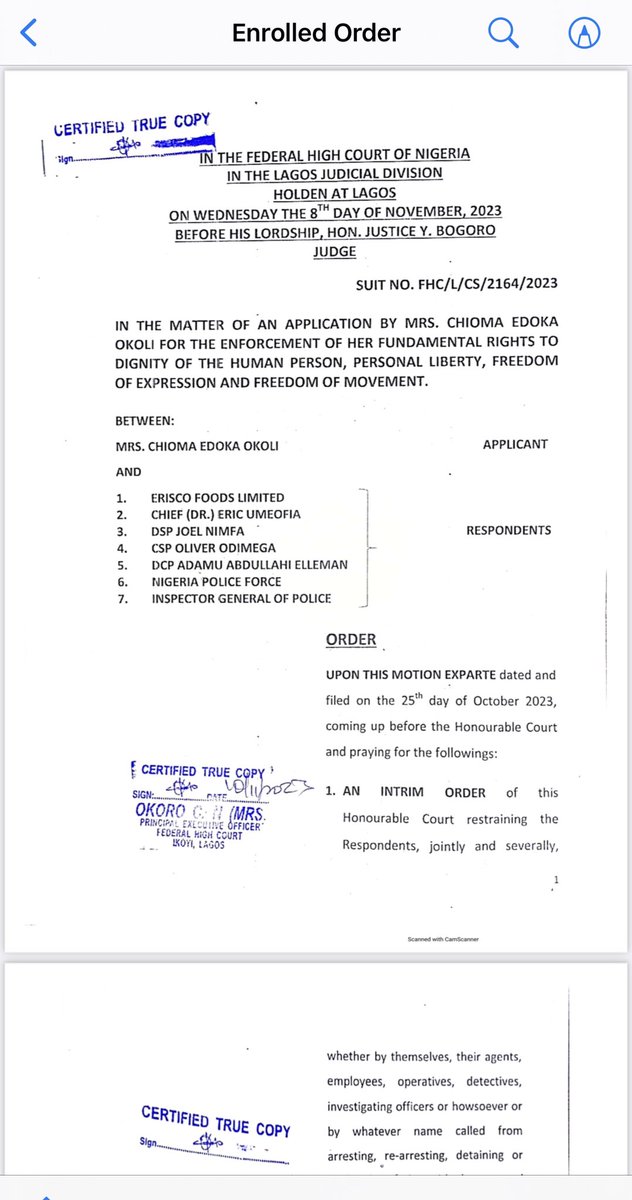 InibeheEffiong's tweet photo. BREAKING::

IGP OVERRULES COURT ORDER, ORDERS RE-ARREST OF CHIOMA OKOLI OVER ERISCO TOMATO REVIEW

At about 7:00 AM today Tuesday, the 9th day of January 2024, policemen invaded and laid siege on the private residence of Mrs. Chioma Edoka Okoli located at Sangotedo in Lagos State.

Chioma Okoli was previously arrested and detained in September 2023 over her review of a tomato product manufactured by Erisco Foods Limited.

A team of policemen from Abuja who claim to be acting on the orders of the Inspector General of Police to re-arrest my client refused to serve us with a court order authorizing them to do so. The team from Abuja is being supported by policemen from the Ajiwe Police Station in Ajah.

The initial team that arrived at her residence called for a reinforcement after we demanded to see the court order authorizing them to rearrest her. They are currently trying to break into her house where she lives with her baby.

This latest attack on Chioma is in connection with the ongoing case between my client and the police on the instigation of Erisco Foods Limited and its founder, Chief Eric Umeofia.

The police had secretly filed a “charge” against Chioma at the Federal High Court in Abuja instead of Lagos where the case arose. The charge is pending before Hon. Justice A. R Mohammed. I later got wind of their plot after a tip-off.

When the case filed by the police in Abuja came up on 7th December 2023, the police counsel informed the court that they were unable to serve my client with the charge (this is not accurate as no attempt was made in this regard). 

The police counsel then applied for an adjournment for them to file a motion to enable them serve my client with the charge through substituted means. Justice Mohammed granted the application and adjourned the case to Wednesday, 10th January, 2024 for hearing of the motion.

We are astonished that the police would turn around today to invade the residence of my client and harass her and her baby without recourse to the court where the charge is currently pending.

My client has not been served with any charge, summons or arraignment notice as required by law. The case before the court and is coming up tomorrow, 10th January, 2024 for the hearing of the motion the police said they would file to secure a court order to serve my client with their “charge” and accompanying documents.

The team leader told me over the phone that he a DSP and that he has four ASPs with him and other police officers. He also told me that the PSO to the IGP spoke with him directly and that he cannot disobey the order of the IGP despite the court order barring the police from re-arresting my client.

How can the IGP issue a directive to overrule the subsisting order of a court of competent jurisdiction? Is this how we want to develop our country?

Attached is a subsisting order of the Federal High Court in Lagos made on the 8th day of November, 2023 by Hon. Justice Bogoro in the fundamental rights suit we filed restraining the IGP and the Nigeria Police Force from arresting, rearresting or detaining my client; except on the express order of a court of competent jurisdiction if she is served with a summons or arraignment notice and she fails to appear in it.

We emphasize again that no charge, summons or arraignment notice has been served on Chioma.

The police has not appealed against the restraining order and the order has not been vacated.

It is a sad commentary that the Nigeria Police is beginning the year on a note of lawlessness. I condemn this reckless act of impunity. I call on the IGP to abide by the rule of law and direct his officers to allow the court to handle the case in line with due process.

My client is presumed innocent of any charge filed against her by virtue of Section 36 (5) of the 1999 Constitution. 

This is an action that can only be tolerated in a banana republic.

INIBEHE EFFIONG, ESQ.
(Lead Counsel to Chioma).