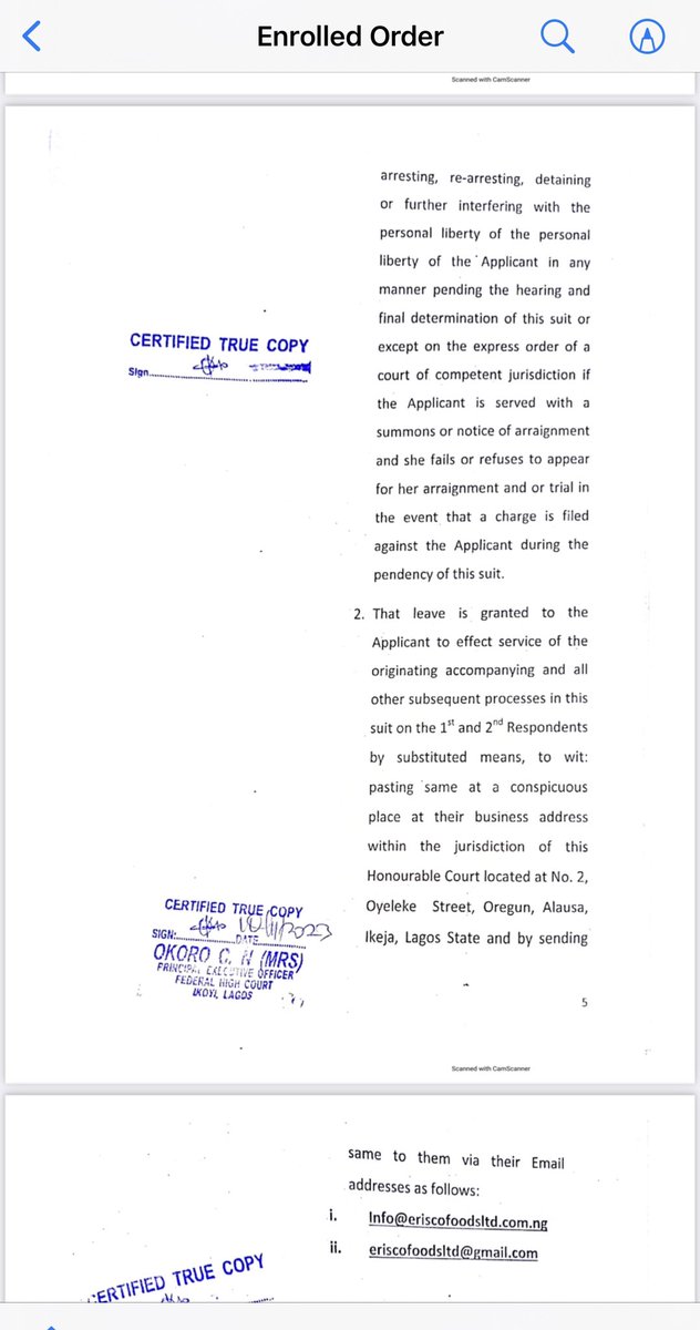InibeheEffiong's tweet photo. BREAKING::

IGP OVERRULES COURT ORDER, ORDERS RE-ARREST OF CHIOMA OKOLI OVER ERISCO TOMATO REVIEW

At about 7:00 AM today Tuesday, the 9th day of January 2024, policemen invaded and laid siege on the private residence of Mrs. Chioma Edoka Okoli located at Sangotedo in Lagos State.

Chioma Okoli was previously arrested and detained in September 2023 over her review of a tomato product manufactured by Erisco Foods Limited.

A team of policemen from Abuja who claim to be acting on the orders of the Inspector General of Police to re-arrest my client refused to serve us with a court order authorizing them to do so. The team from Abuja is being supported by policemen from the Ajiwe Police Station in Ajah.

The initial team that arrived at her residence called for a reinforcement after we demanded to see the court order authorizing them to rearrest her. They are currently trying to break into her house where she lives with her baby.

This latest attack on Chioma is in connection with the ongoing case between my client and the police on the instigation of Erisco Foods Limited and its founder, Chief Eric Umeofia.

The police had secretly filed a “charge” against Chioma at the Federal High Court in Abuja instead of Lagos where the case arose. The charge is pending before Hon. Justice A. R Mohammed. I later got wind of their plot after a tip-off.

When the case filed by the police in Abuja came up on 7th December 2023, the police counsel informed the court that they were unable to serve my client with the charge (this is not accurate as no attempt was made in this regard). 

The police counsel then applied for an adjournment for them to file a motion to enable them serve my client with the charge through substituted means. Justice Mohammed granted the application and adjourned the case to Wednesday, 10th January, 2024 for hearing of the motion.

We are astonished that the police would turn around today to invade the residence of my client and harass her and her baby without recourse to the court where the charge is currently pending.

My client has not been served with any charge, summons or arraignment notice as required by law. The case before the court and is coming up tomorrow, 10th January, 2024 for the hearing of the motion the police said they would file to secure a court order to serve my client with their “charge” and accompanying documents.

The team leader told me over the phone that he a DSP and that he has four ASPs with him and other police officers. He also told me that the PSO to the IGP spoke with him directly and that he cannot disobey the order of the IGP despite the court order barring the police from re-arresting my client.

How can the IGP issue a directive to overrule the subsisting order of a court of competent jurisdiction? Is this how we want to develop our country?

Attached is a subsisting order of the Federal High Court in Lagos made on the 8th day of November, 2023 by Hon. Justice Bogoro in the fundamental rights suit we filed restraining the IGP and the Nigeria Police Force from arresting, rearresting or detaining my client; except on the express order of a court of competent jurisdiction if she is served with a summons or arraignment notice and she fails to appear in it.

We emphasize again that no charge, summons or arraignment notice has been served on Chioma.

The police has not appealed against the restraining order and the order has not been vacated.

It is a sad commentary that the Nigeria Police is beginning the year on a note of lawlessness. I condemn this reckless act of impunity. I call on the IGP to abide by the rule of law and direct his officers to allow the court to handle the case in line with due process.

My client is presumed innocent of any charge filed against her by virtue of Section 36 (5) of the 1999 Constitution. 

This is an action that can only be tolerated in a banana republic.

INIBEHE EFFIONG, ESQ.
(Lead Counsel to Chioma).
