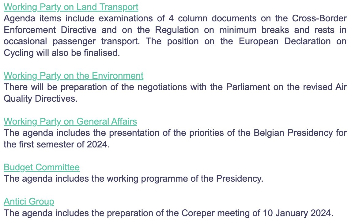 📆 Today in EU #TransportPolicy 👇

WP on Land Transport:
🚓 Cross-Border Enforcement Directive
😴 Breaks & rests in coach transport
🚴 Declaration on #cycling

Also: #AAQD in WP on Environment 💨
🇪🇺 🇪🇺