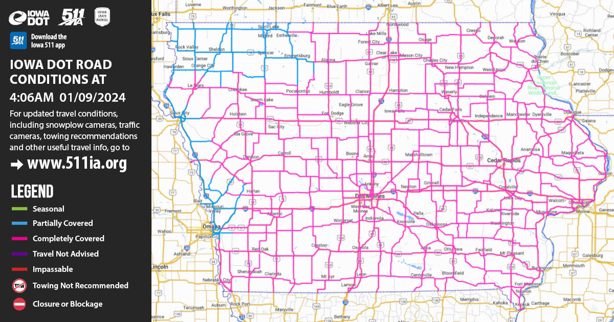 iowadot's tweet photo. (1-9 4 a.m.) Crews have been out in most areas of the state all night, but the snow keeps coming and the winds are picking up, so travel is going to be a challenge today. If you can postpone your trip, please do. Check https://t.co/2XHJbG5B9b or the Iowa 511 app for updates. https://t.co/M5BqIK4oIu