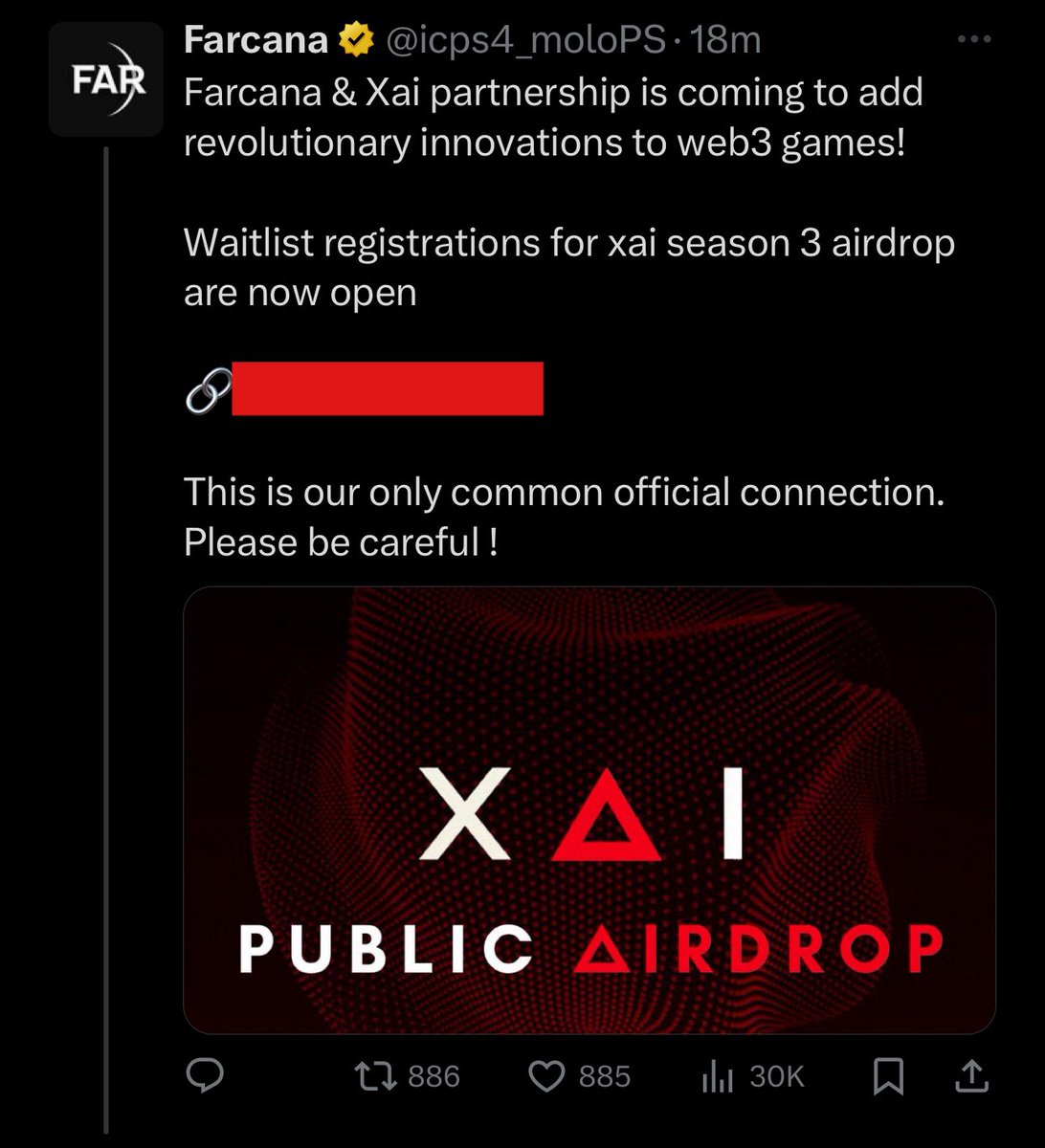 zachxbt's tweet photo. @XAI_GAMES Be careful there are a number of verified business account phishing scams in the replies. https://t.co/SRih5fv1xD
