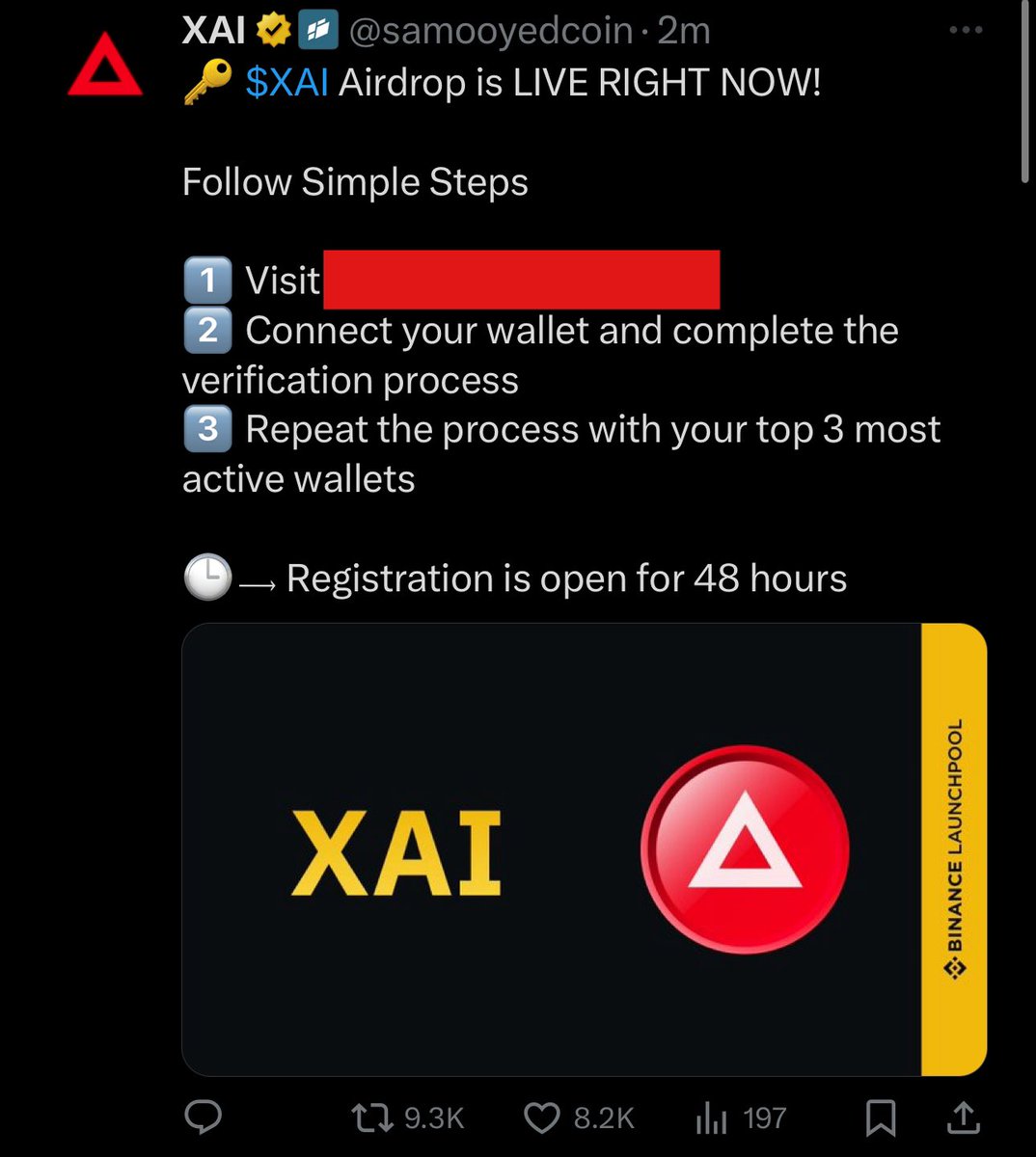 zachxbt's tweet photo. @XAI_GAMES Be careful there are a number of verified business account phishing scams in the replies. https://t.co/SRih5fv1xD