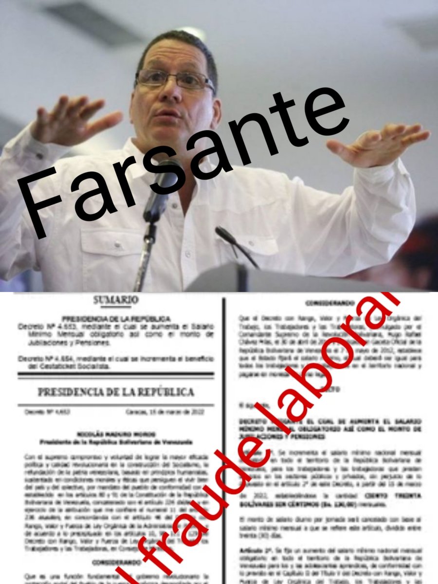 carlosulun's tweet photo. Denunciemos a J. Farias pero más que todo al fraude laboral que imponen.
Solo el salario mínimo esta establecido en la CRBV y la LOTTT.
No al fraude a los trabajadores y la vulneración de sus derechos laborales.
Salarios, jubilaciones y pensiones dignas, es el clamor popular https://t.co/fecAiDP89q