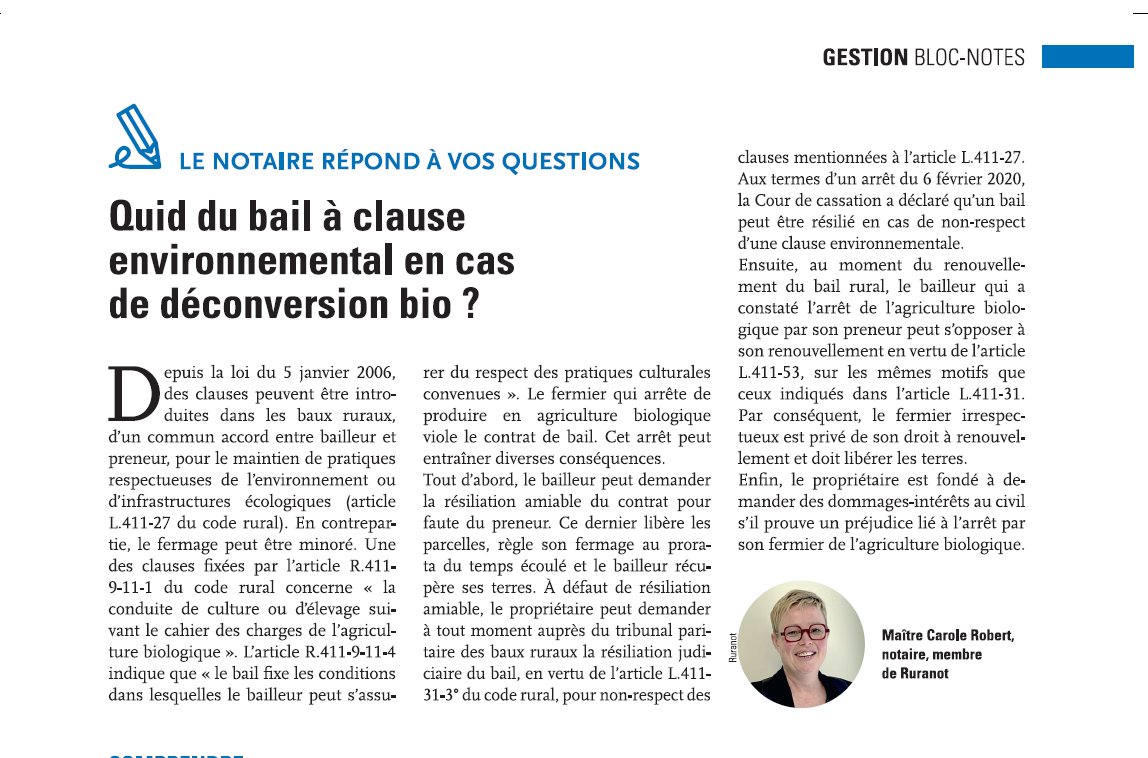 Ruranot's tweet photo. 🟢💡Bail à clause environnementale et déconversion bio du fermier: quelles conséquences ?
Un sujet abordé par Maître Carole Robert, membre de @Ruranot, dans les pages de La @FranceAgricole. https://t.co/ot0U54MGAy