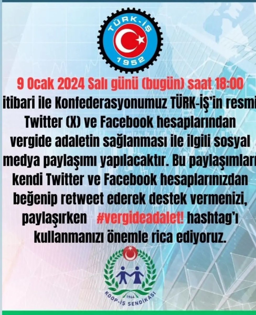 mebiscihaber's tweet photo. Ses olun bir olun ki #vergideadalet olsun.. Artık ZAMANI GELDİ❗
9 Ocak 2024 (Bugün) saat 18:00 #Vergideadalet diyoruz...

@alemdareyup 
@KOOPISSENDIKASI 
@muratturkekul
@turkiskonf https://t.co/JXzuu1xLTc