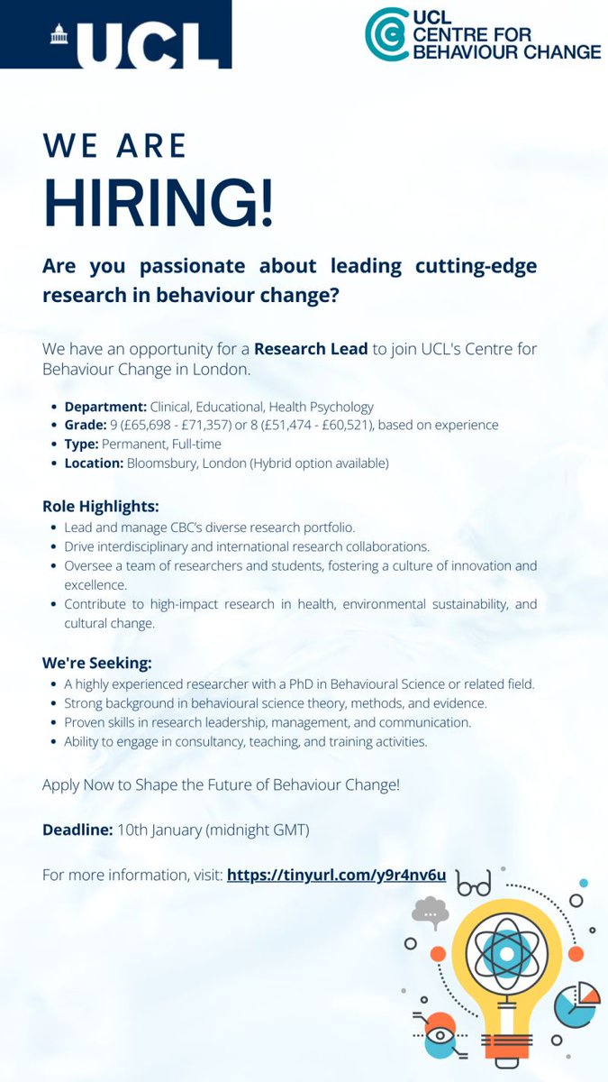 🔥 Final Chance! Apply for the Research Lead position at @UCLBehaveChange. Work with @SusanMichie, @fabilorencatto, @DrAngelChater, @DLima_Psyc & @LouAtkinsUCL. Transform behavioural science research. Deadline 10 Jan! 🔗tinyurl.com/y9r4nv6u