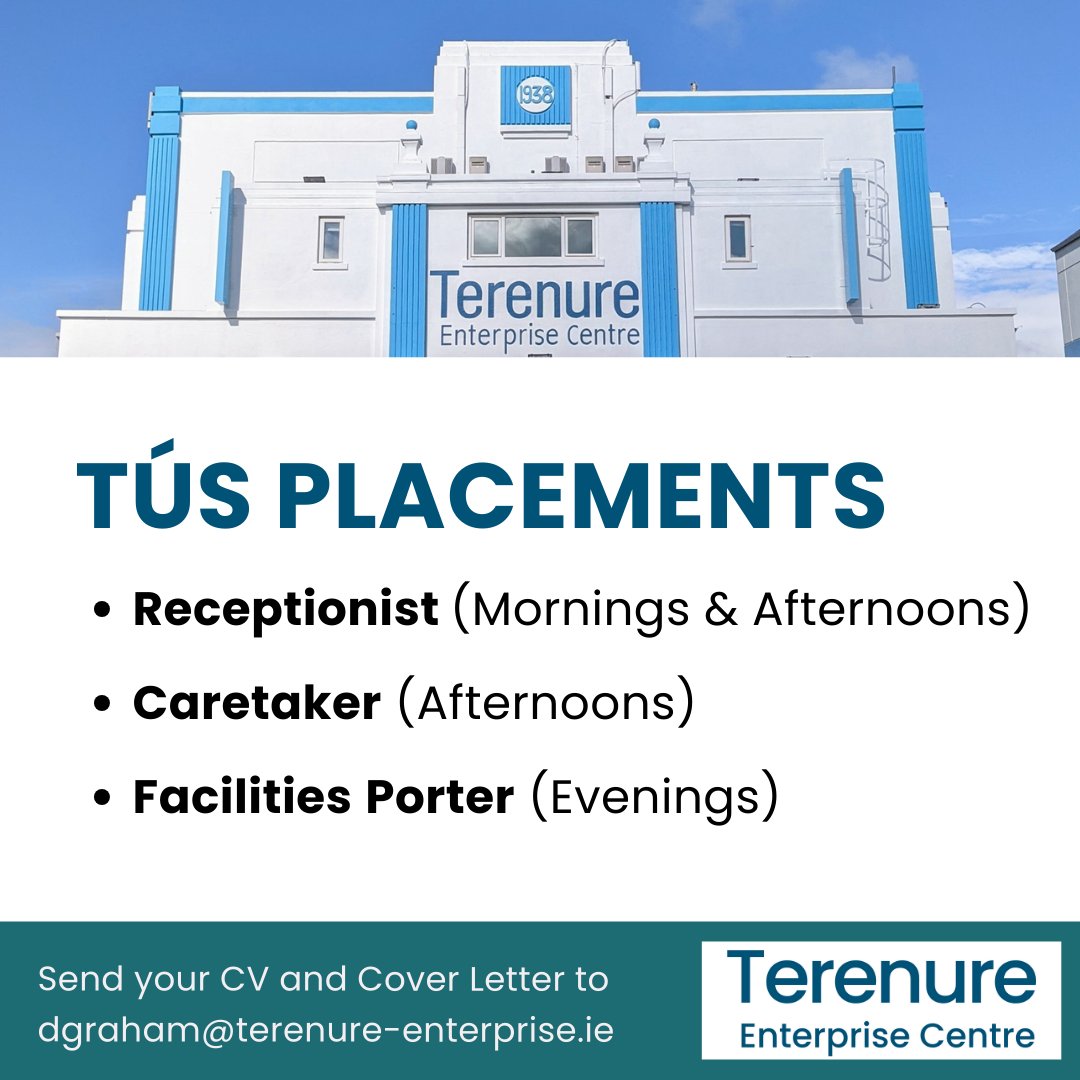 Terenure Enterprise Centre (@t_enterprise) on Twitter photo Join our team at Terenure Enterprise Centre!
Unemployed for a year or more? We've got placement opportunities for Receptionist, Caretaker, and Facilities Porter roles.
Send your CV and cover letter to David Graham at dgraham@terenure-enterprise.ie Join our team at Terenure Enterprise Centre!
Unemployed for a year or more? We've got placement opportunities for Receptionist, Caretaker, and Facilities Porter roles.
Send your CV and cover letter to David Graham at dgraham@terenure-enterprise.ie