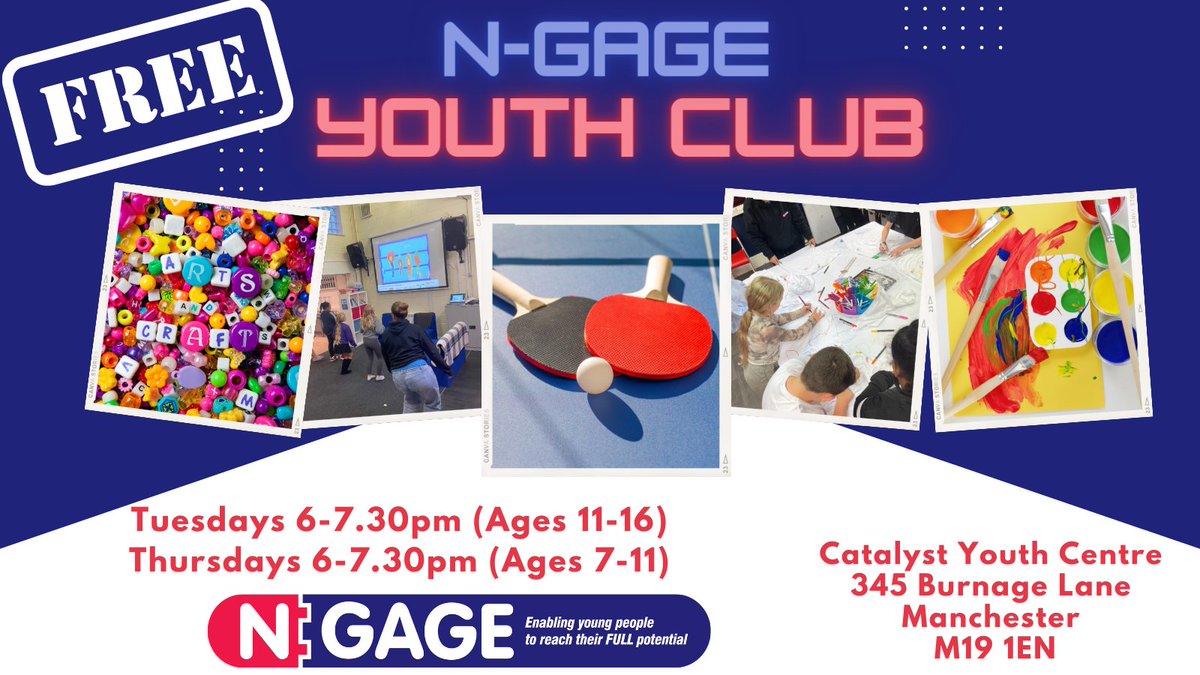 Our youth clubs continue this week.

Tuesday (ages 11-16)
Thursday (ages 7-11)
6-7.30pm at our Catalyst Youth Centre.

Come along and join us. 

#youthclub
#youngpeople
#burnage

<a href="/bevcraig/">Bev Craig</a>
<a href="/cllrAzraAli/">Azra Ali</a>