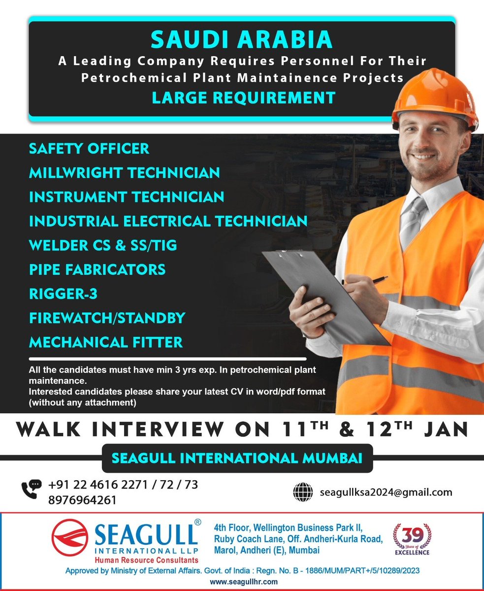 hrd1_seagull's tweet photo. 🇸🇦Saudi Arabia Jobs
‼️Large Requirement
🗓️Walk In Interview On 11th & 12th January 2024
📍Location- Mumbai.
.
.
.
#saudiarabiajobs #seagull #mumbaijobs #safetyofficer #millwrighttechnician #instrumenttechnician #industrialelectrical #welder
#pipefabricator https://t.co/el2xW5y9jP