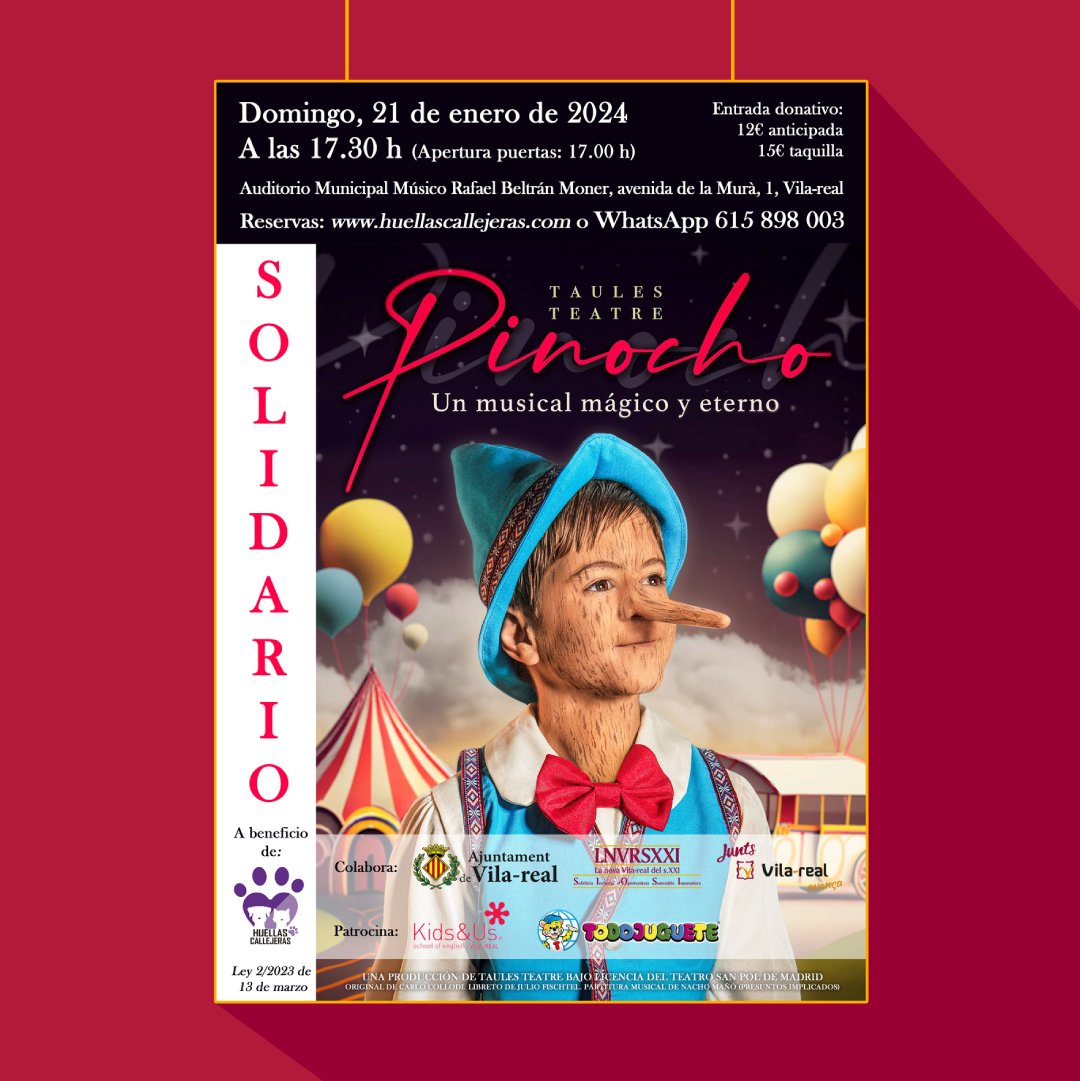 Turisme Vila-real (@turismevilareal) on Twitter photo 🎭 Musical inspirat en la història i valors de la novel·la 'Les aventures de Pinotxo' de Carlo Collodi.
📆 Diumenge 21 gener 2024
⏰ 17.30 h
📍Auditori Municipal Músic Rafael Beltrán Moner
🐾 Solidari: <a href="/Huellas_Cs/">Huellas Callejeras</a>
🎟 Entrades: WhatsApp 615 898 003 i huellascallejeras.com 🎭 Musical inspirat en la història i valors de la novel·la 'Les aventures de Pinotxo' de Carlo Collodi.
📆 Diumenge 21 gener 2024
⏰ 17.30 h
📍Auditori Municipal Músic Rafael Beltrán Moner
🐾 Solidari: <a href="/Huellas_Cs/">Huellas Callejeras</a>
🎟 Entrades: WhatsApp 615 898 003 i huellascallejeras.com