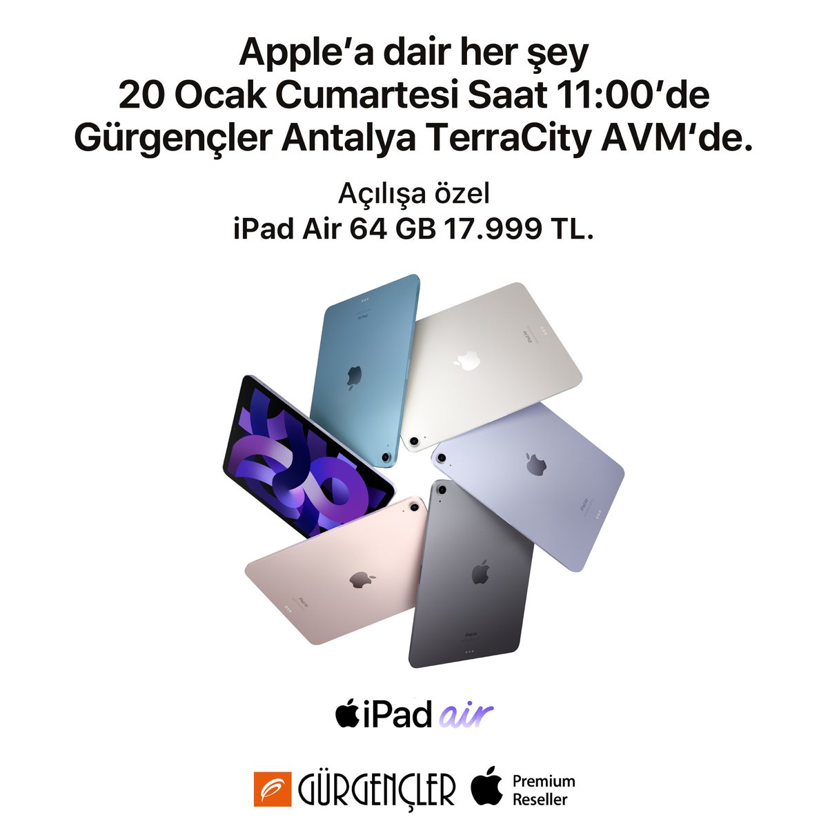20 Ocak Cumartesi Antalya TerraCity AVM Apple Premium Reseller mağazamızın büyük açılışına özel, iPad Air 64 GB 17.999 TL. 🤩 Detaylı bilgi için: gurgencler.com.tr/antalyaterraci…   #Apple #Gürgençler #Antalya #TerraCityAVM #ApplePremiumReseller #BüyükAçılış #iPad