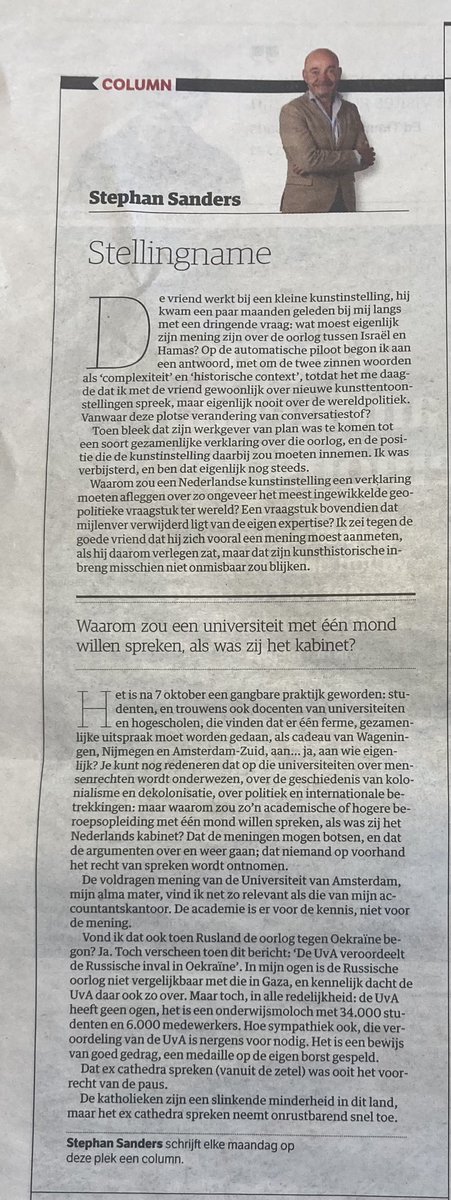 ellenrombout's tweet photo. Mooie genuanceerde #column van #StephanSanders gister in #NRC over het waarom van een stellingname over #Gaza door #universiteiten en #hogescholen. ‘De academie is er voor de kennis, niet voor de mening.’ https://t.co/TYgjp5Wem2