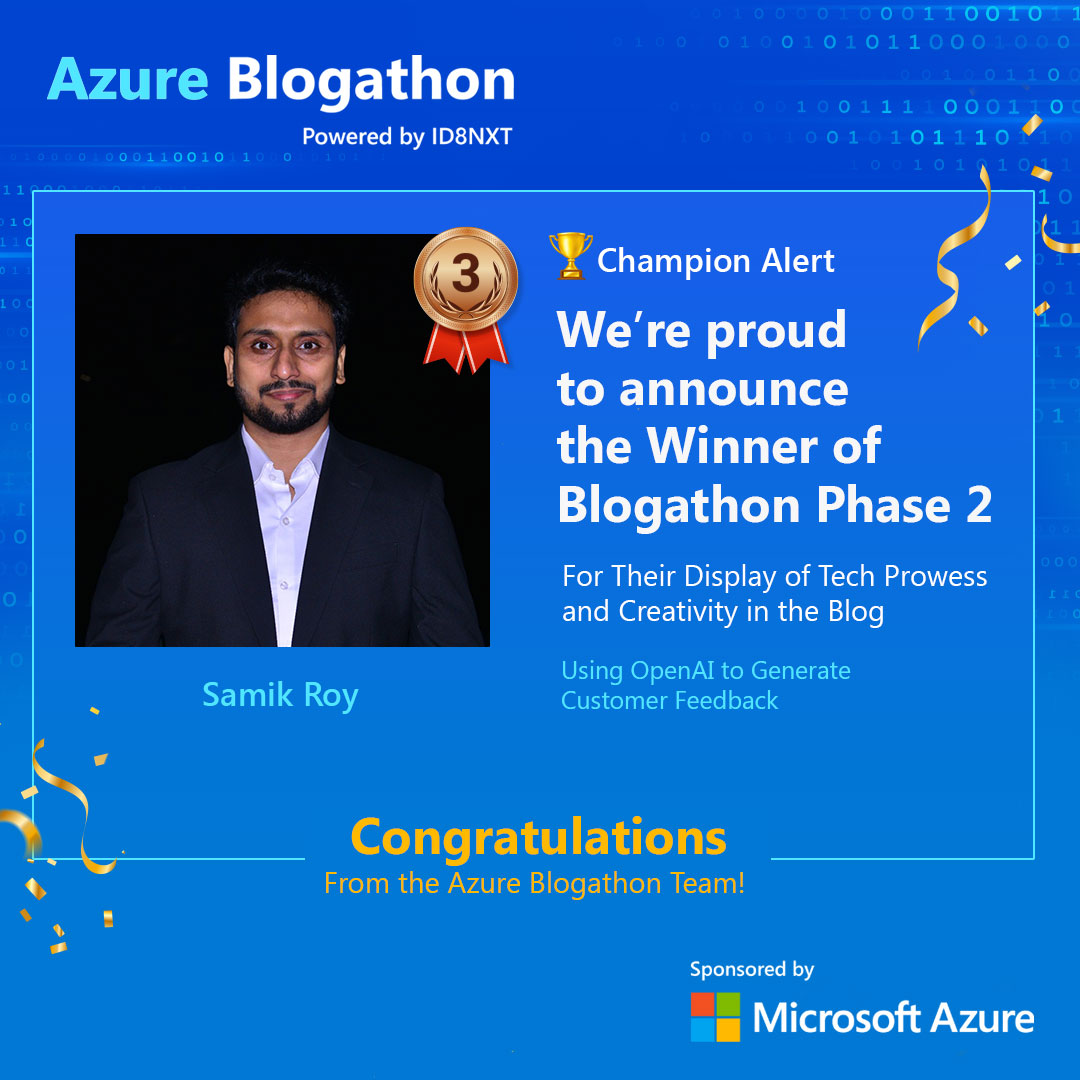 Third Place Triumph! 🥉

Read the winning blog posts soon on the official Microsoft Azure Blogathon website. Stay tuned and register for updates: bit.ly/3Ety6pV!

#MicrosoftAzureBlogathon #Blogathon2024 #ThirdPlaceTriumph #TechInnovation #AzureBlogathon #WinnerUpdate