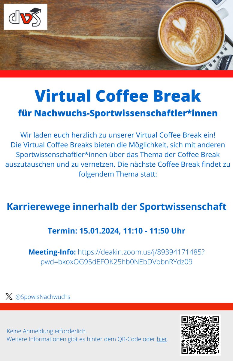 SpowisNachwuchs's tweet photo. In unserer ersten gemeinsamen Kaffeepause☕️ in 2024 wird es am 1⃣5⃣.0⃣1⃣. um 11:10 Uhr um Karrierewege innerhalb der Sportwissenschaft gehen (s. u. für weitere Infos).

In der darauffolgenden Ausgabe im Mai werden dann Karrierewege außerhalb der Sportwissenschaft behandelt. https://t.co/2YWqgIhy4B