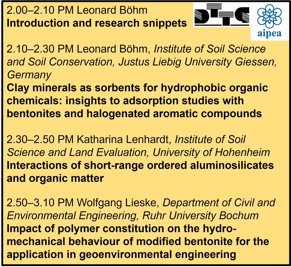 The next event of the <a href="/aipea_org/">AIPEA</a> Early Career #Clay #Scientist Network’s WEBINAR series will be organized by representatives of the DTTG: Leonard Böhm, Ines Mulder and Jan Dietel.

Friday, January 26 at 2pm CET (1pm GMT).

Register for FREE here: cnrs.zoom.us/meeting/regist…