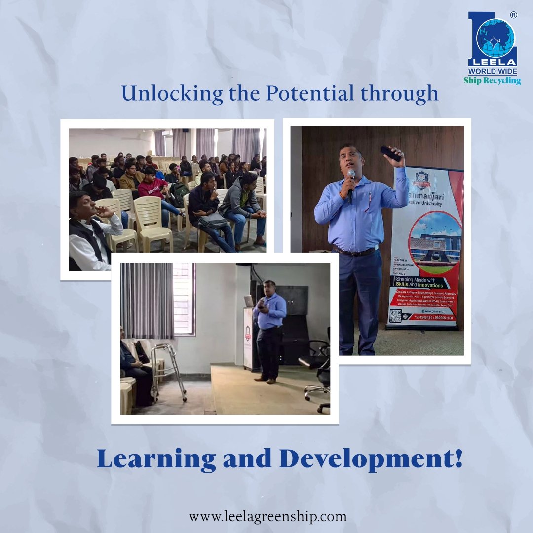 GroupLeela's tweet photo. Our Vice President - HSEQ/Naval Arch, Mr. Prabhat Kumar, shares some valuable insights on the significance of continuous learning and development in life at Gyanmanjari Innovative University, Bhavnagar.
#LearningAndDevelopment #EducationForAll #IndustryCollaboration #recycleship https://t.co/hmahx1xIy1