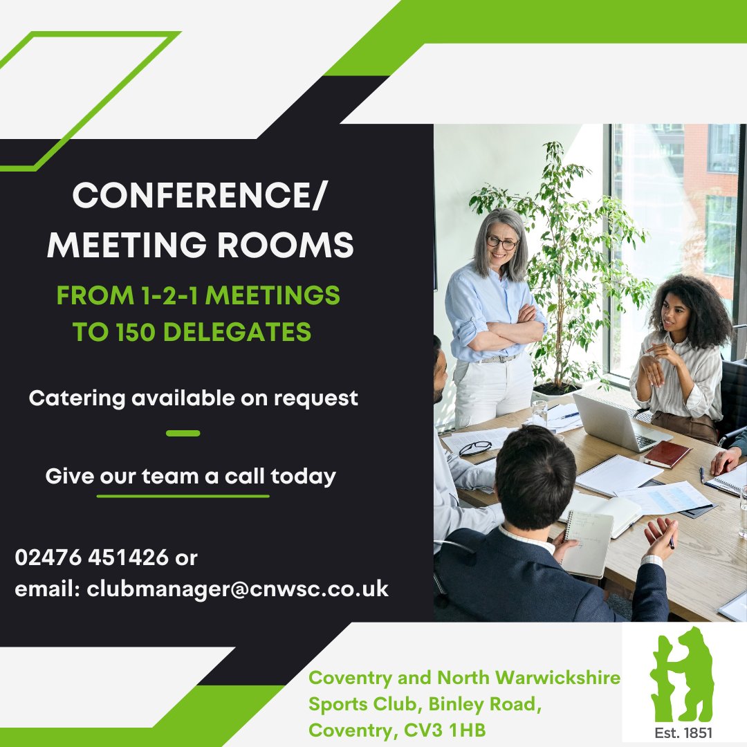 Looking for a Venue for a Conference ?
📝up to 150 delegates
📝Choice of 4 rooms
📝Free car park
📝Catering packages available
Call one of our team on ☎️02476 451426
or email 💻clubmanager@cnwsc.co.uk 
#Conference #Meetings #CovHour