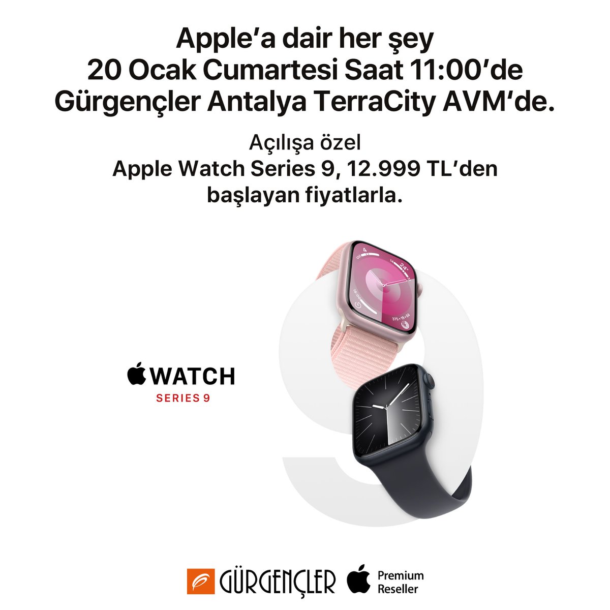 20 Ocak Cumartesi Antalya TerraCity AVM Apple Premium Reseller mağazamızın büyük açılışına özel, Apple Watch Series 9 modelleri 12.999 TL’den başlayan fiyatlarla. 🤩 Detaylı bilgi için: gurgencler.com.tr/antalyaterraci…   #Apple #Gürgençler #Antalya #TerraCityAVM #BüyükAçılış #AppleWatch