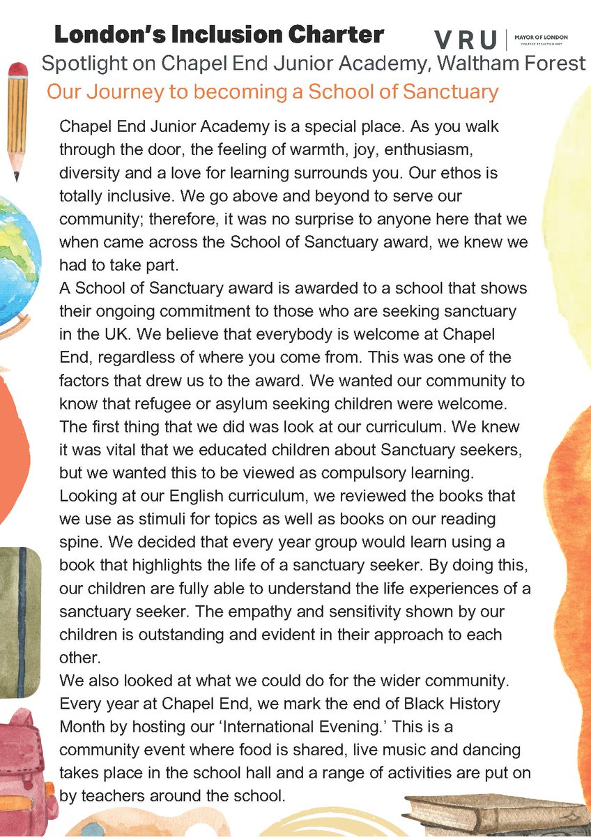 LDN_VRU's tweet image. 💻 This week's #PromisingPractice spotlight on inclusion in education features @ChapelEndE17 in @wfcouncil. 

🏫 It highlights the journey Chapel End Junior Academy went on to become a 'School of Sanctuary'. 

👀 Read more about what that is ⬇️   

#LondonsInclusionCharter