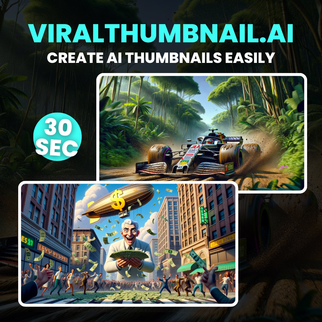 viralthumbnail's tweet photo. Prompts used:

1️⃣ Racing in a Formula 1 Car Through the Jungle!

2️⃣ Making Money Rain with 10.000 1 Dollar Bills! https://t.co/EsRbHYTDNp
