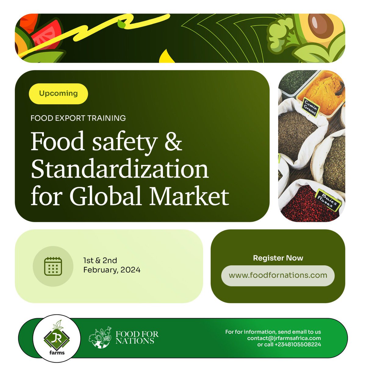 JRFarmsGroup's tweet photo. 70% of food exported out of Nigeria is rejected due to quality issues— together with leading partners- Bureau Veritas a global standard lab with almost 200 years certifying products across the world; Dr Kelikume Director of Agribusiness Management Lagos Business School, Senior Agriculture Counsellor of French Embassy…we are organizing training on Food Safety and Standardization for Global Market holding on February 1 and 2, 2024 in Lagos.

To secure your space— register here immediately: https://t.co/7v38FjT0Hk

Limited Space Available! 

For more information contact: contact@jrfarmsafrica.com / contact@foodfornations.com or call +2348105508224. @JRFood4Nations