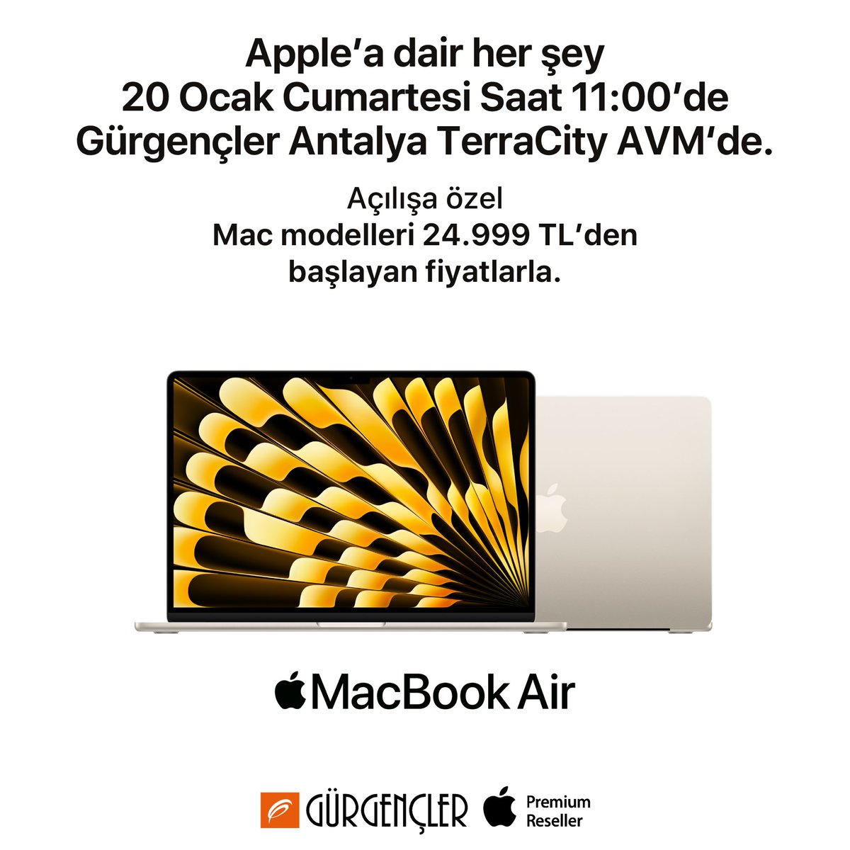 20 Ocak Cumartesi Antalya TerraCity AVM Apple Premium Reseller mağazamızın büyük açılışına özel, Mac modelleri 24.999 TL’den başlayan fiyatlarla. 🤩   Detaylı bilgi için: gurgencler.com.tr/antalyaterraci…   #Apple #Gürgençler #Antalya #TerraCityAVM #ApplePremiumReseller #BüyükAçılış #Mac