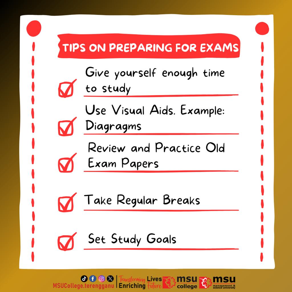 MSUcollege_trg's tweet photo. These are five tips exam preparation for you. MSU College Terengganu would like to wish all MSUrians, good luck for your final exam. All the best everyone!
#msucollegeterengganu
#msumalaysia
#msu4life πΊ
#lovefromMSU
#MSUrians
#go2MSU πΊ
#finalexam
#spm2023 https://t.co/GFk1BSfDno