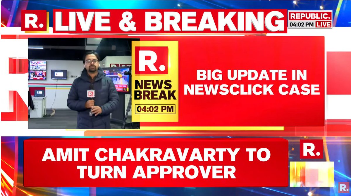 republic's tweet photo. #BREAKING | Big update in NewsClick Case: Amit Chakraborty to turn approver. Delhi High Court approves application. 

WATCH #LIVE here-https://t.co/gzDcE0bu09

#NewaClickCase #AmitChakraborty #NewsClickCase #NewsClickCaseNews https://t.co/x4yOQlEgIR