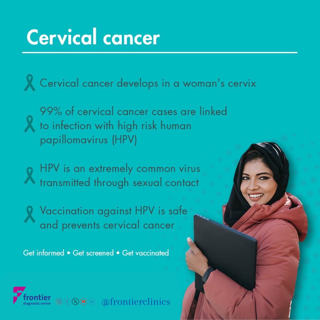 Frontierclinics's tweet photo. It’s #CervicalCancer Awareness Month!
✅ More than 95% of cervical #cancer is due to Human papilloma virus (HPV)
✅Vaccination against #HPV, Screening and Treatment of pre cancer lesions prevents #HPV
✅Get informed, Get vaccinated(age 9-14),Get screened(age 30) https://t.co/cic7E1SvLg