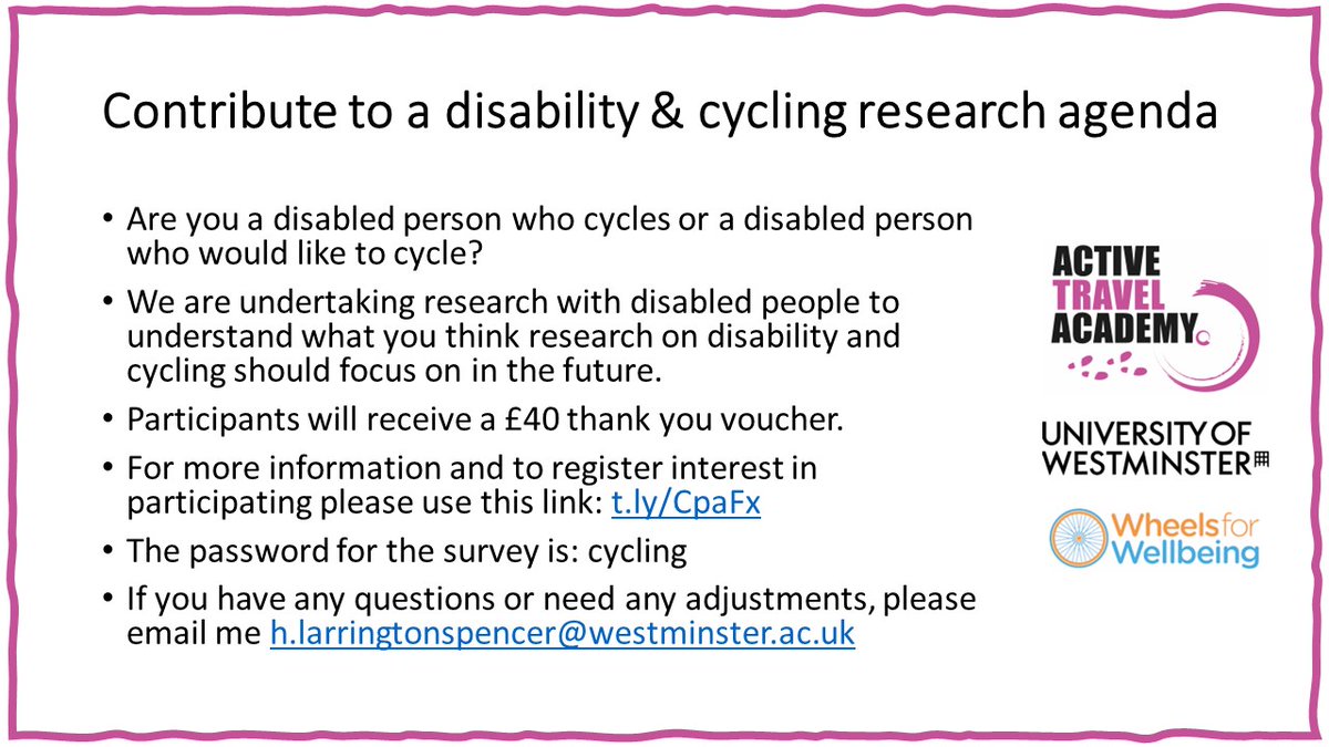 Are you a disabled person who cycles or would like to cycle? We @Active_ATA & @Wheels4Well want to know your priorities for future research on disability and cycling. Use this link to register your interest in participating: wminarchandcities.eu.qualtrics.com/jfe/form/SV_a4… Password: cycling Pls RT