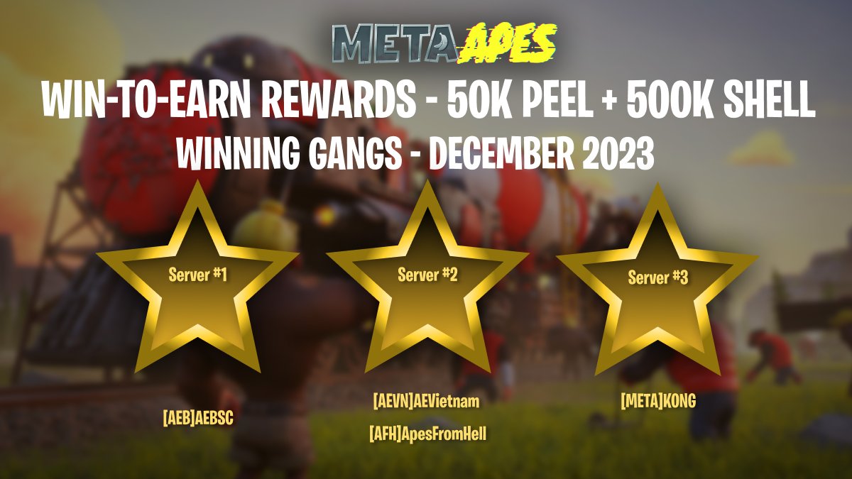 🏆December Win-to-Earn Results (50k $PEEL+ 500k SHELL)!🏆

Congrats to our skilled players who conquered the arena!🚀

🏅[AEB]AEBSC
🏅[AEVN]AEVietnam
🏅[AFH]ApesFromHell
🏅[META]KONG
docs.google.com/spreadsheets/d… 

Connect your wallets to your in-game IDs to receive rewards.💰

Thanks