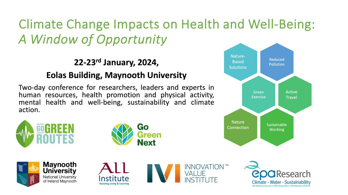 TadhgMacIntyre's tweet photo. Have we overlooked the health and wellbeing benefits from Climate Change initiatives? For answers please register for 2 day conference https://t.co/b2rFPspUKM Learnings from 🇪🇺Horizon projects @GoGreenRoutes and #GoGreenNext and Irish research activities https://t.co/jhN7F1DIFb