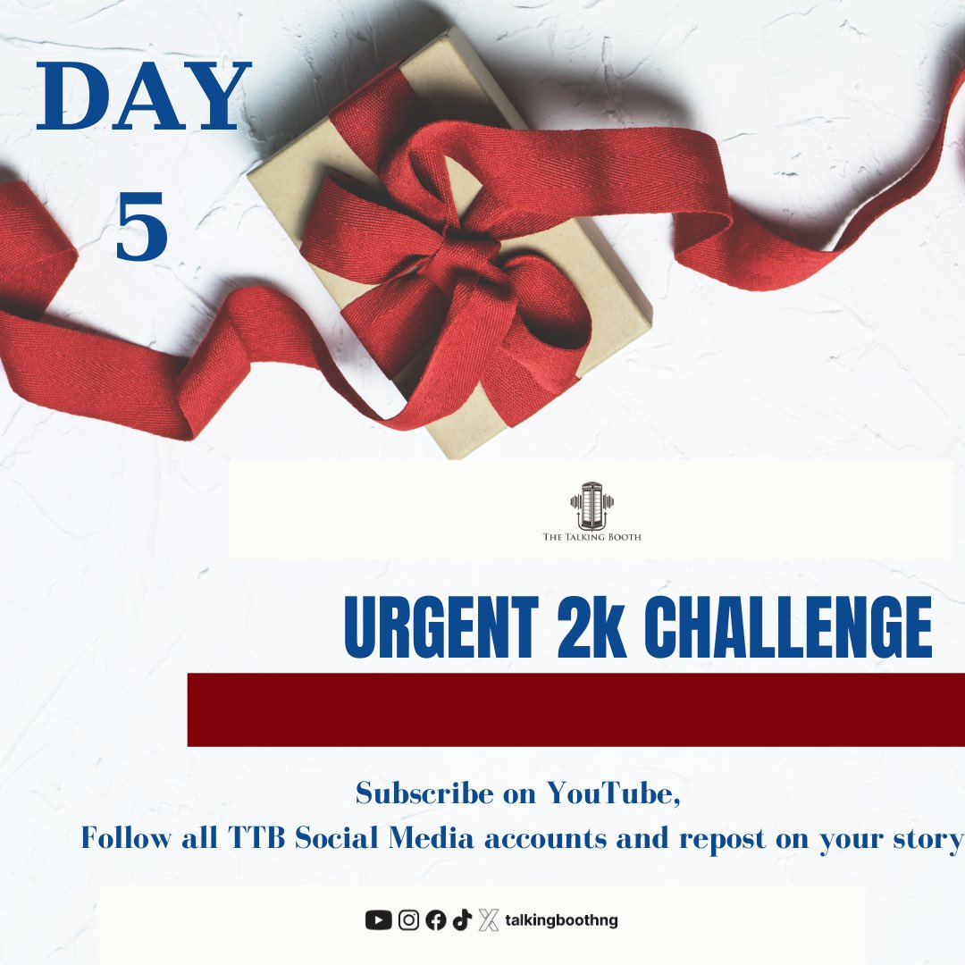 talkingboothng's tweet photo. TTB fam it Day 5 of #urgent2kchallenge Three lucky winners would have the chance to win 💃2k each by following all TTB social media accts and posting on their story. 
TB Joshua Ajoke Opay Mummy zee Tiwa savage Wizkid japa Daddy zee https://t.co/cvmdoxuIeY