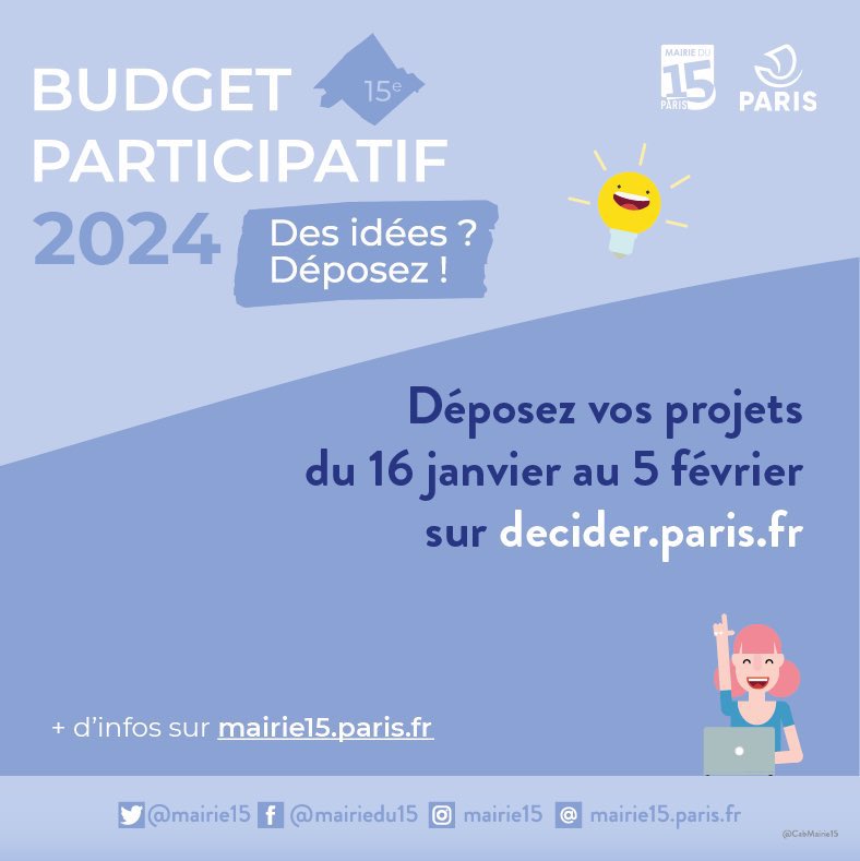 🗓️ Déposez vos idées de projets pour le budget participatif du 16 janvier au 5 février prochains !

👉 leur faisabilité technique sera ensuite étudiée par les services de la Ville compétents puis présentés en réunion publique en Juin prochain

#Paris15 #démocratielocale