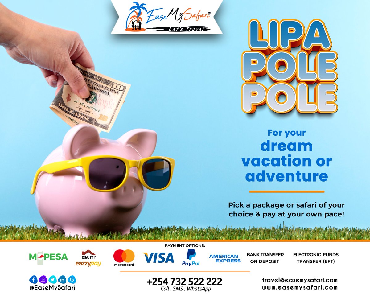 easemysafari's tweet photo. Your next holiday vacation or safari can be as enjoyable as early payment.

Yes, we allow payment in bits (Lipa Pole Pole) https://t.co/K8Fg0XkpIX