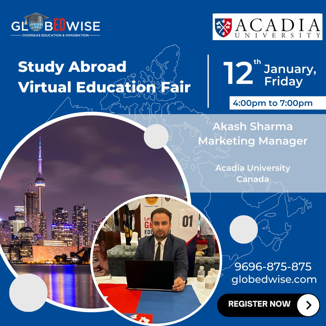 We warmly welcome Mr. Akash Sharma, Marketing Manager from Acadia University in Canada, to our event. His presence adds great value, and we are excited about his participation. 

#studyincanada #Acadiauniversity #canadaeducationfair #canadianuniversity #educationfair #studyabroad