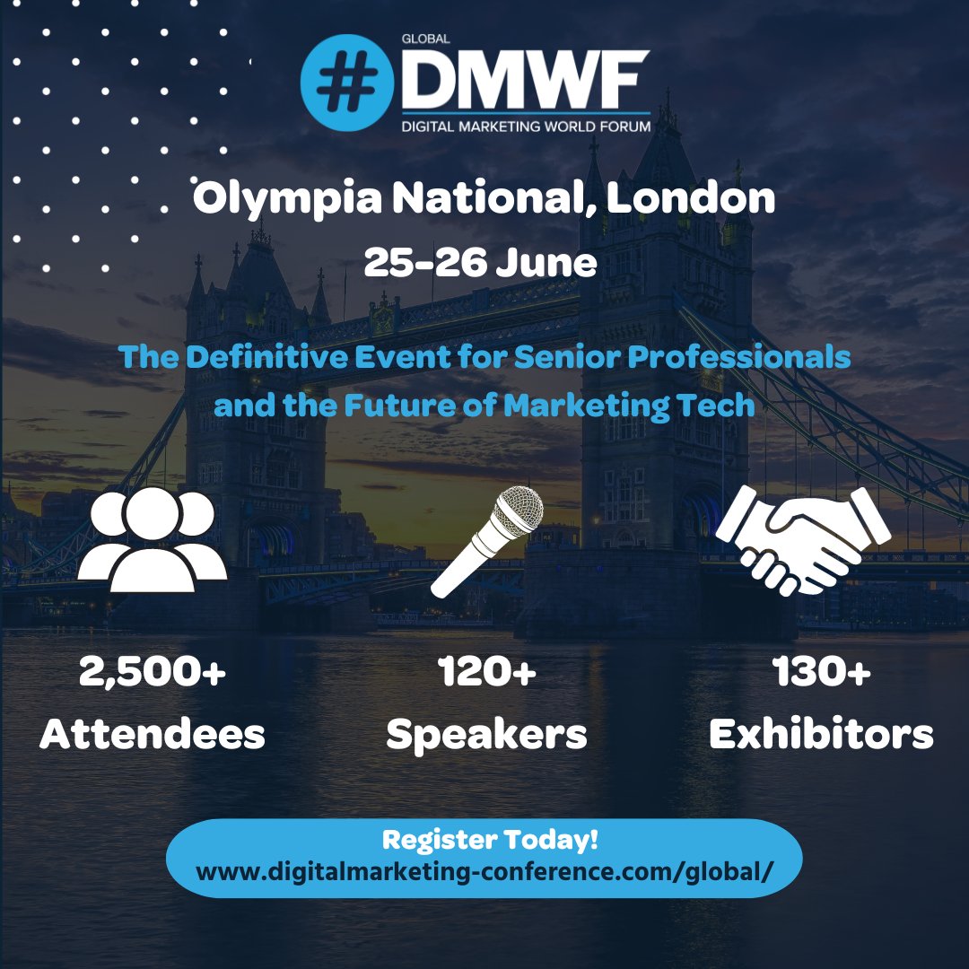 dmwfconference's tweet photo. Join us at Olympia National London on 25-26 June where we bring you the definitive event for senior professionals and the future of martech back bigger and better than ever! Network, learn and flourish with 2500+ attendees, 120+ speakers and 130+ sponsors! https://t.co/EXvZ5mCh0d https://t.co/dqcgsiVN8K