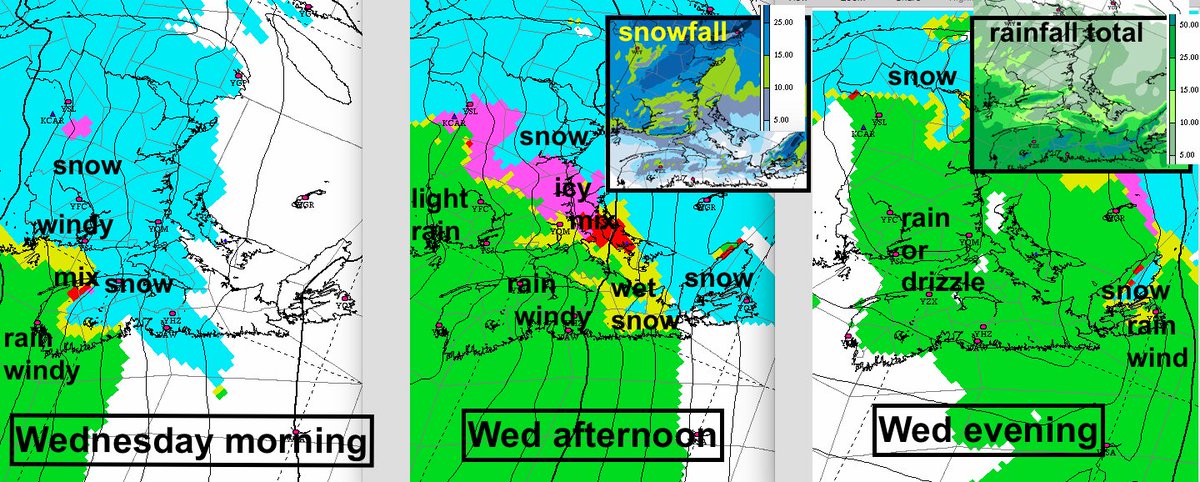 Nasty storm Wed; warnings across the region.
Snow starts in am then an icy mix to rain at times heavy.  Strong SE winds; some gusts 100+ causing outages &amp; high coastal waves. Heaviest snow NB &amp; Victoria Co CB; heaviest rain Mainland NS.
Poor driving and air &amp; sea travel impacts.