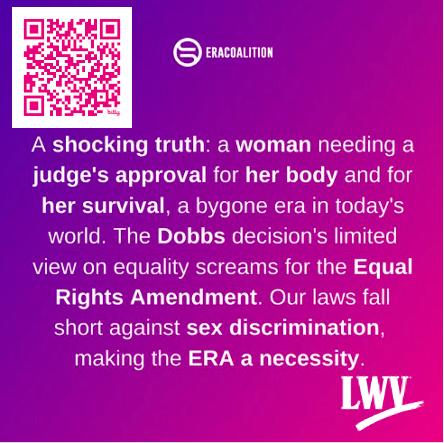 lwv_wa's tweet photo. Shocking reminder from the @ERACoalition. Laws alone aren't cutting it against sex discrimination. Scan the QR code and send word to your representatives in Congress. Join our voices! @CommonCause @PPFA @ReproRights @HRC @ACLU @NAACP_LDF @NationalNOW @reproforall #ERA100 #ERANOW https://t.co/Dzk2uNyxsg