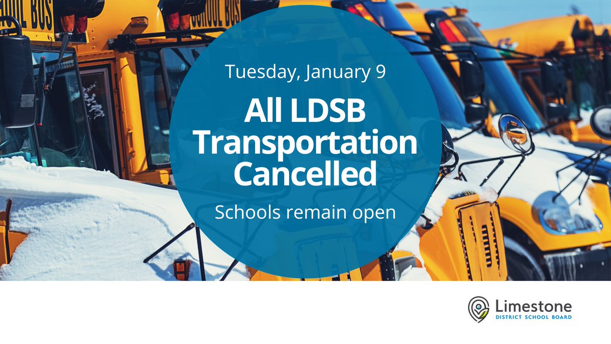 LimestoneDSB's tweet photo. January 9, 2024: Due to forecasted inclement weather and the expected impact on driving conditions this afternoon, all school bus and taxi transportation is cancelled in the Tri-Board Student Transportation Services service area today. https://t.co/1kaD5x6yap