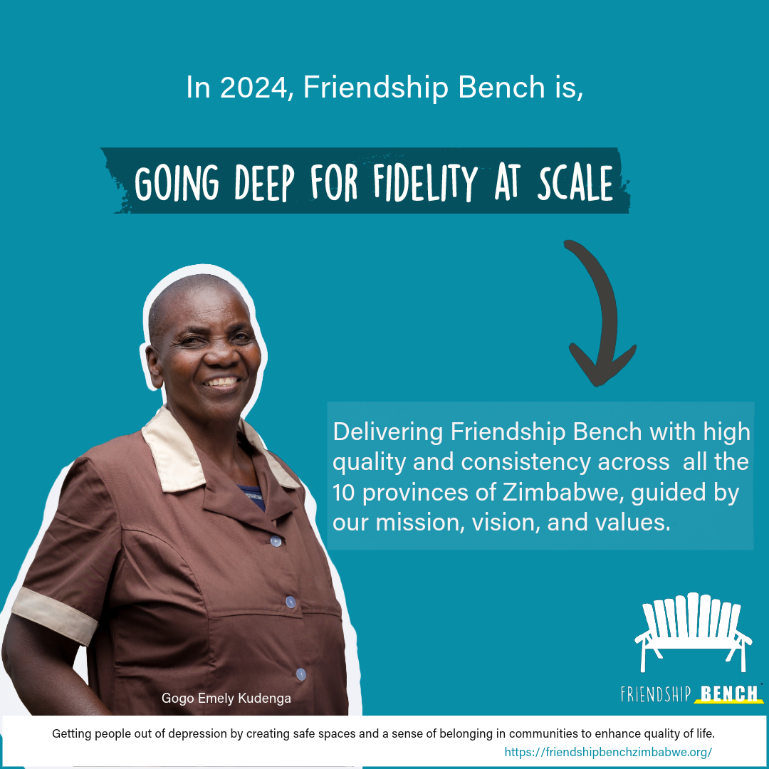 In 2024, Friendship Bench is 'going deep for fidelity at scale', delivering Friendship Bench with high quality and consistency across all 10 provinces of 🇿🇼, guided by our mission, vision, and values. #FriendshipBench #FriendshipBenchZimbabwe #MentalHealthForAll 🇿🇼