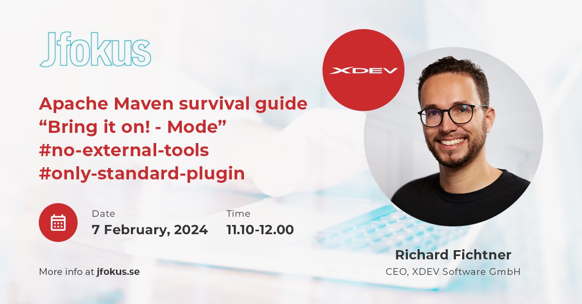 XDEVSoftware's tweet image. Excited for @Jfokus 2024 in Stockholm! 🇸🇪 Our @RichardFichtner presents his #ApacheMaven Survival Guide 🗣️ Get tips on optimizing builds using only Maven standard plug-ins! 👉 jfokus.se 

#buildBetterBuilds #Jfokus2024 #Java #JavaConference #XDEVsoftware
