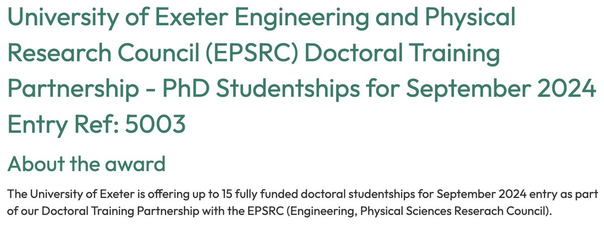 University of Exeter Engineering and Physical Research Council (EPSRC) Doctoral Training Partnership - PhD Studentships for September 2024 - exeter.ac.uk/study/funding/… <a href="/ExeterUniMaths/">Exeter University Mathematics</a>