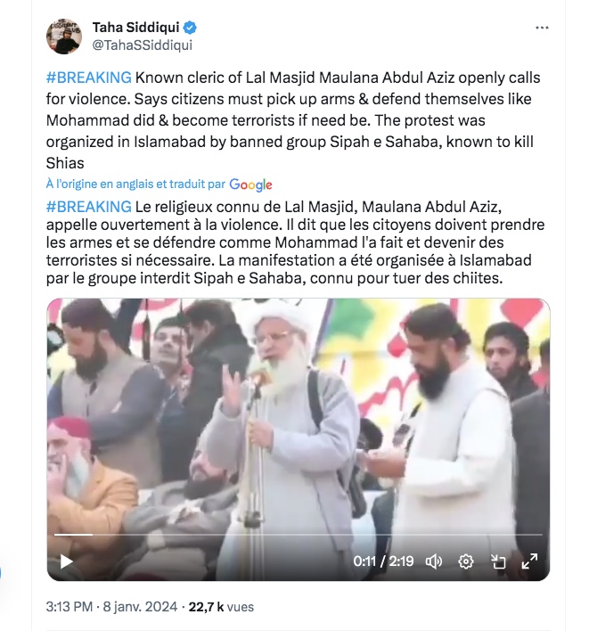 denisedetralala's tweet image. Le mollah #AbdulAziz, l'imam bien connu de la mosquée rouge d'#Islamabad (#LalMasjid), que les pakistanais appellent #MaulanaBurqa (parce qu'il avait essayé de s'enfuir caché une burqa lors d'une opération antiterroriste en 2007) vient d'appeler ouvertement à la violence.