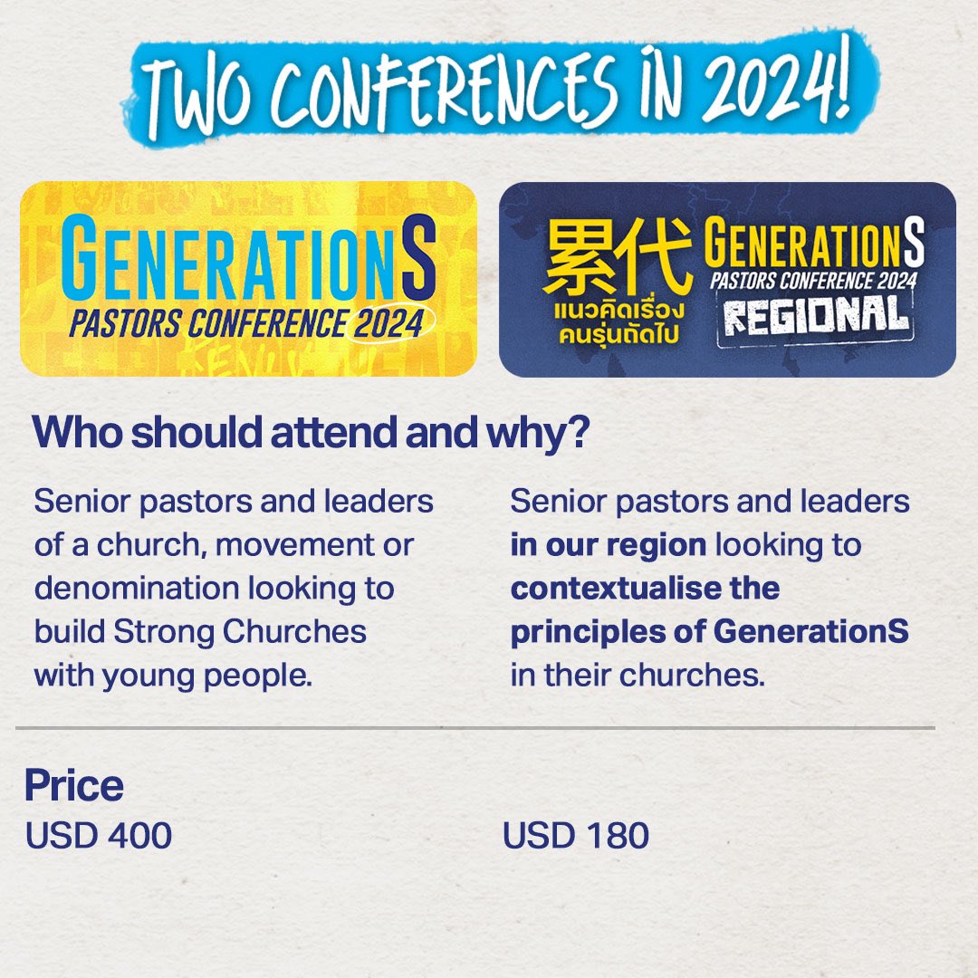 seowhow's tweet photo. Our 2 Conferences in 2024

GenerationS Pastors Conference
- Back with an expanded Alumni Track.

🆕 GenerationS Pastors Conference REGIONAL
- Catered to pastors in our region. Good news especially to our Mandarin and Thai-speaking friends!

Apply now at https://t.co/g8ECqqpnHf! https://t.co/HU0lrBjbGI