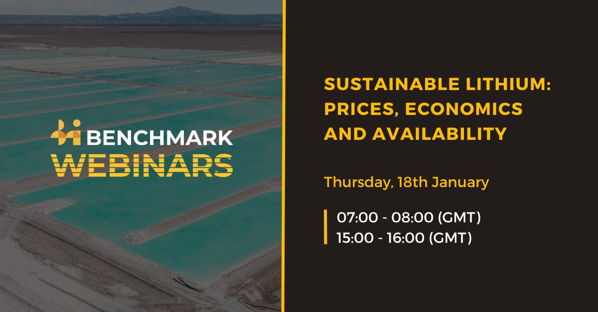 benchmarkmin's tweet photo. Webinar next week - Sustainable Lithium

Sustainable Lithium: Prices, Economics & Availability
Thursday 18 January
07:00 - 08:00 (GMT)
15:00 - 16:00 (GMT)

Senior Benchmark experts will discuss:

▪ The evolution of #lithium prices

▪ The methodology behind Benchmark’s new Sustainable Lithium Carbonate (CIF Asia) spot price

▪ Findings from Benchmark's Lithium Sustainability Index

▪ The long-term outlook for lithium supply, demand, costs and prices

➡️ Register for your desired session ➡️ https://t.co/yGmNTGyZiu