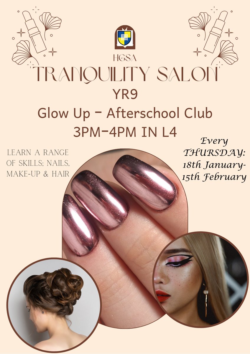 TranquilityHGSA's tweet photo. 📣Y9 after-school club starting next Thursday 18th Jan. 
Practise and develop skills in make-up, hair styling and nail designs.
An excellent way to gain an insight into the subject before the @HeanorGateSA Y9 pathways choices coming up. 💆🏼‍♀️💈🪮👩‍🎤👨‍🎤💅🏾 https://t.co/ZtXTGwTrnf
