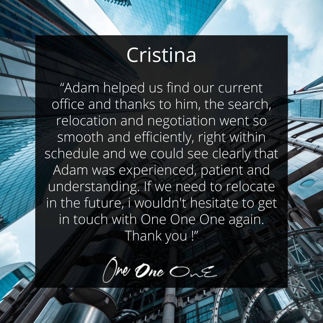 Thanks Cristina for the kind words! Experienced, patient, and understanding — that's our commitment at One One One. Ready to make future relocations just as seamless. Your success is ours! 

#EveryLondonOffice #OfficeSearch #LondonBusiness