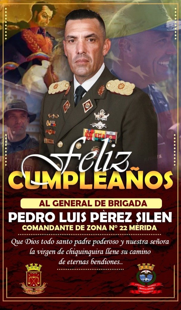 Hoy #09Ene nos honramos en feliz al G/B Pedro Luis Pérez Silen Comandante del CZGNB-22 Mérida por cumplir un año más de vida. Que Dios y la Virgen de Chiquinquirá le regale muchos años más de vida al lado de sus seres queridos.