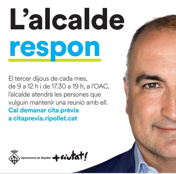 👉Amb la voluntad de fer més accesible l <a href="/AjRipollet/">Ajuntament Ripollet</a> a la ciudadania. Avui he presentat l'Alcalde Respon.
🗓️El tercer dijous de cada mes us espero a l'Oficina d'Atenció Ciutadana.